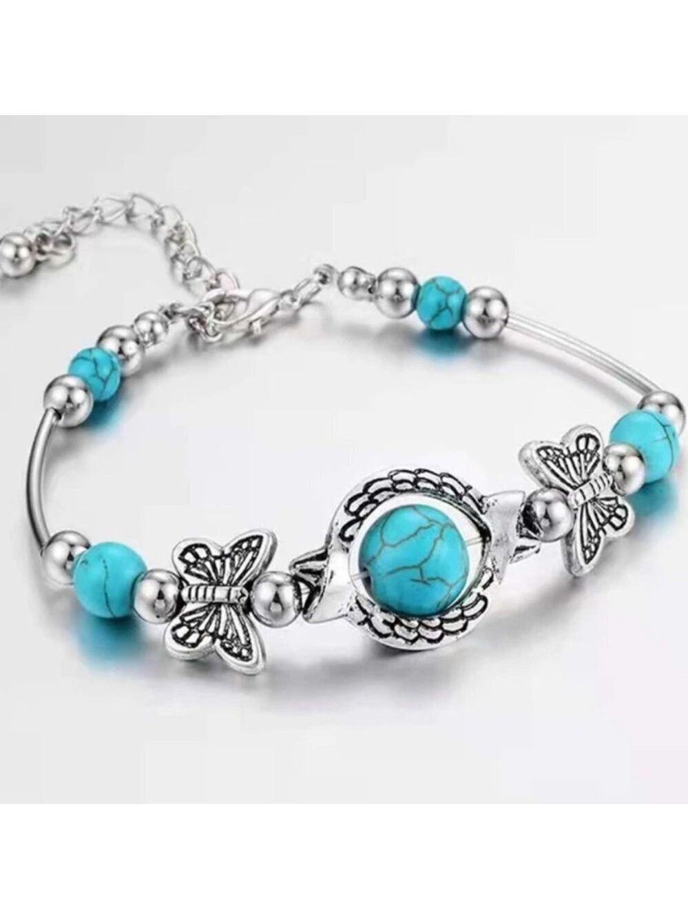 Dainty Feminine Silver Tone Faux Turquoise Butterfly Bracelet - Picture 3 of 5